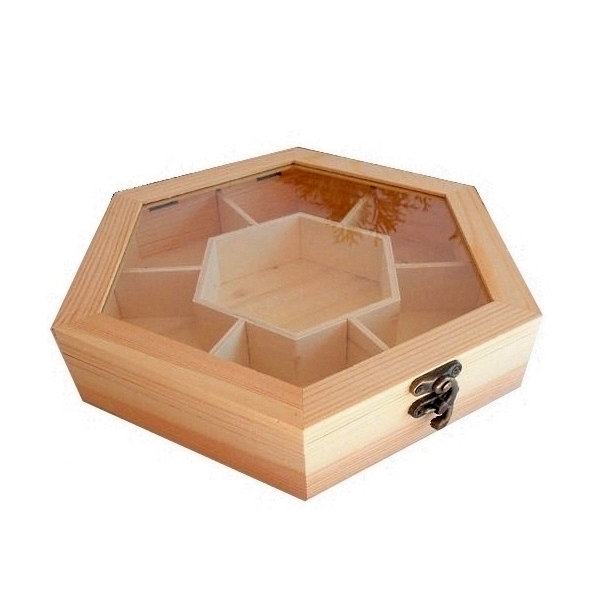 Ξύλινο κουτί εξάγωνο με τζάμι 7 θέσεων