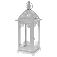 WHITE METAL LANTERN WITH WITH LACE PATTERN