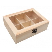 WOODEN BOX WITH GLASS LID OF 6 COMPARTMENTS